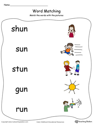 UN Word Family Picture and Word Match in Color. Identifying words ending in  –UN by matching the words with each picture.