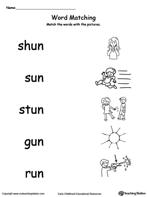 UN Word Family Picture Match. Identifying words ending in  –UN by matching the words with each picture.