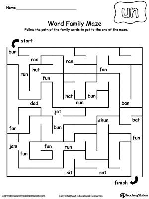 Practice thinking skills and word patterns with this UN Word Family maze printable worksheet.