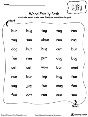Find and circle words in this UN Word Family path printable worksheet.