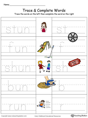 Trace then write the words themselves in this UN Word Family Trace and Write in Color printable worksheet.