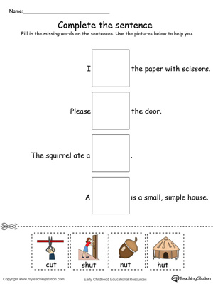 Identify the words and complete the UT Word Family sentence in this printable worksheet in color.