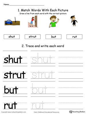 Identify, trace and write words in this UT Word Family printable worksheet in color.
