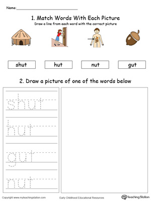 Practice drawing, tracing and identifying the sounds of the letters UT in this Word Family printable.