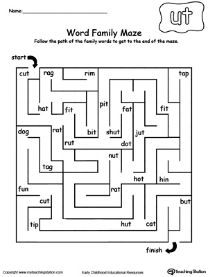 Practice thinking skills and word patterns with this UT Word Family maze printable worksheet.