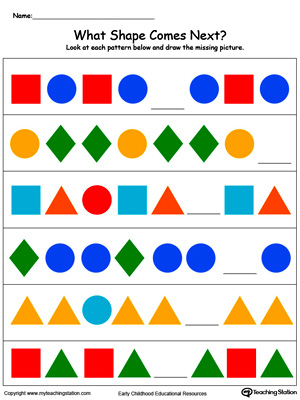 Learn to recognize and complete patterns in this What Colorful Shape Comes Next? printable worksheet.