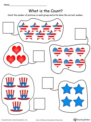4th of July Count and Write the Number in Color