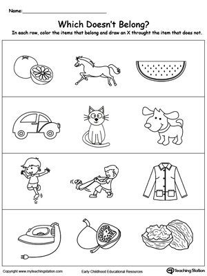Identify the item that does not belong in this sorting and categorizing preschool math printable worksheet.