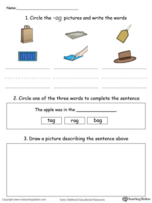 Circle pictures, trace words and draw in this AG Word Family printable worksheet in color.
