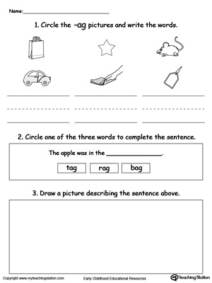 Circle pictures, trace words and draw in this AG Word Family printable worksheet.