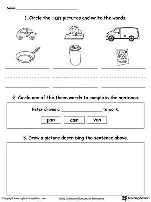 Circle pictures, trace words and draw in this AN Word Family printable worksheet.