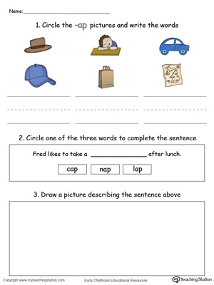 Circle pictures, trace words and draw in this AP Word Family printable worksheet in color.