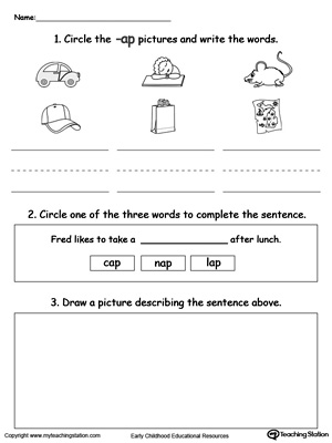 Circle pictures, trace words and draw in this AP Word Family printable worksheet.