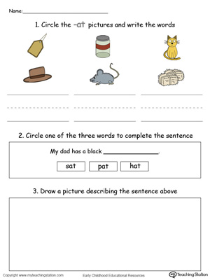 Circle pictures, trace words and draw in this AT Word Family printable worksheet in color.