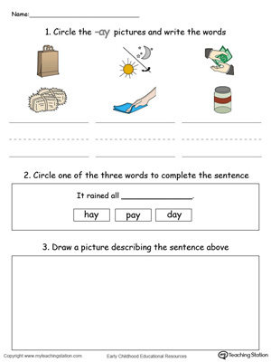 Circle pictures, trace words and draw in this AY Word Family printable worksheet in color.