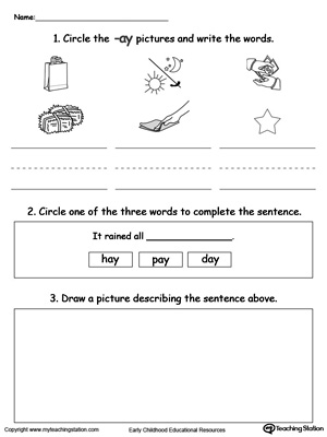 Circle pictures, trace words and draw in this AY Word Family printable worksheet.