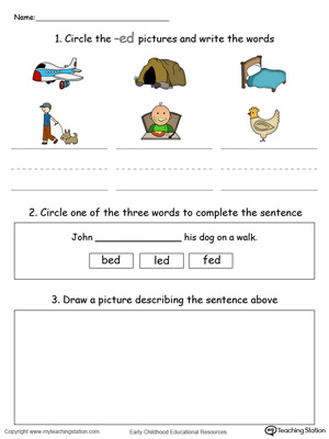 Circle pictures, trace words and draw in this ED Word Family printable worksheet in color.