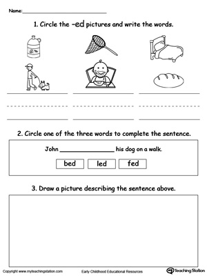 Circle pictures, trace words and draw in this ED Word Family printable worksheet.