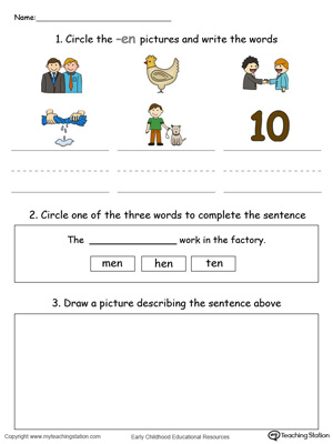Circle pictures, trace words and draw in this EN Word Family printable worksheet in color.