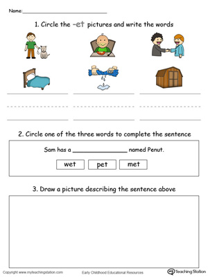Circle pictures, trace words and draw in this ET Word Family printable worksheet in color.