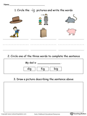 Circle pictures, trace words and draw in this IG Word Family printable worksheet in color.