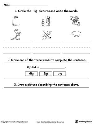 Circle pictures, trace words and draw in this IG Word Family printable worksheet.