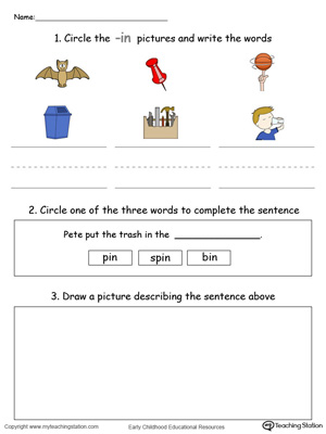 Circle pictures, trace words and draw in this IN Word Family printable worksheet in color.