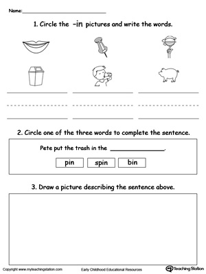 Circle pictures, trace words and draw in this IN Word Family printable worksheet.