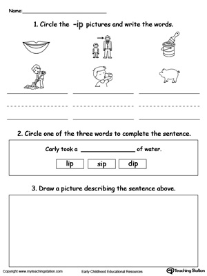 Circle pictures, trace words and draw in this IP Word Family printable worksheet.