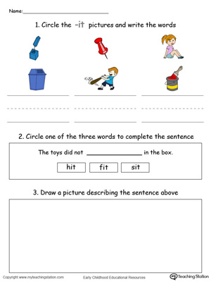 Circle pictures, trace words and draw in this IT Word Family printable worksheet in color.