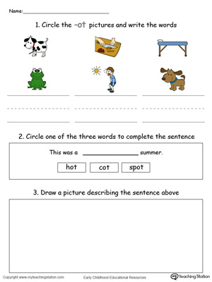 Circle pictures, trace words and draw in this OT Word Family printable worksheet in color.