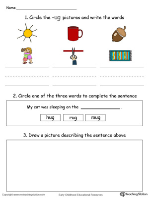Circle pictures, trace words and draw in this UG Word Family printable worksheet in color.