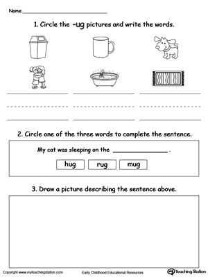 Circle pictures, trace words and draw in this UG Word Family printable worksheet.