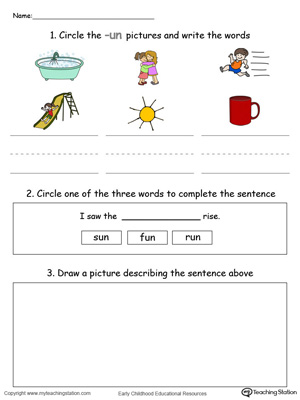 Circle pictures, trace words and draw in this UN Word Family printable worksheet in color.