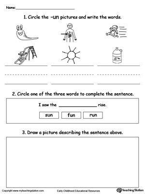 Circle pictures, trace words and draw in this UN Word Family printable worksheet.