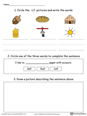 Circle pictures, trace words and draw in this UT Word Family printable worksheet in color.