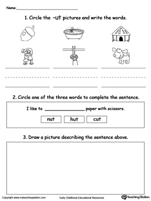 Circle pictures, trace words and draw in this UT Word Family printable worksheet.