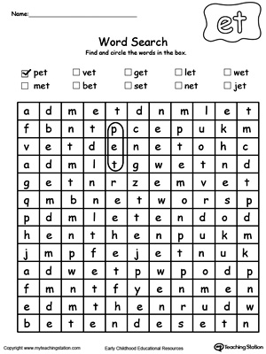 Practice thinking skills and spelling with ET Word Family Word search puzzle in this printable worksheet.