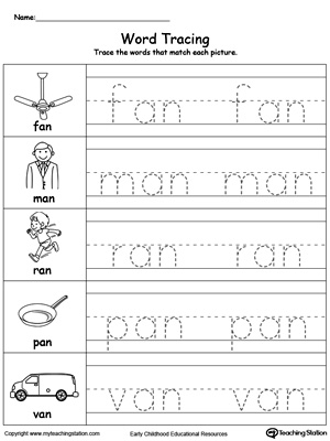 Practice tracing and writing short words with this AN Word Family printable worksheet.