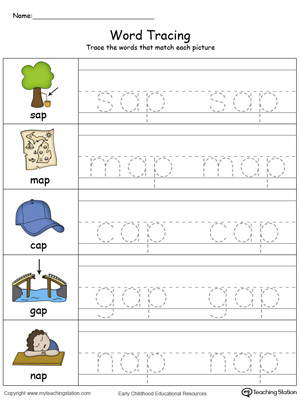 Trace and write short words with this AP Word Family printable worksheet in color.