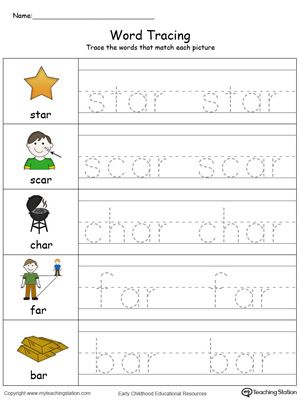 Trace and write short words with this AR Word Family printable worksheet in color.