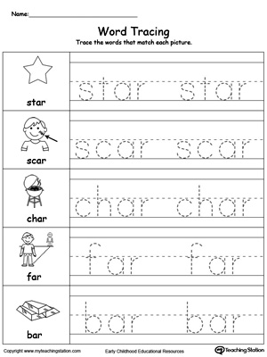 Practice tracing and writing short words with this AR Word Family printable worksheet.