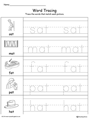 Practice tracing and writing short words with this AT Word Family printable worksheet.