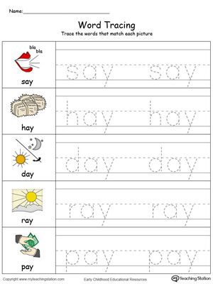 Trace and write short words with this AY Word Family printable worksheet in color.