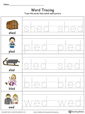 Trace and write short words with this ED Word Family printable worksheet in color.