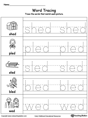 Practice tracing and writing short words with this ED Word Family printable worksheet.