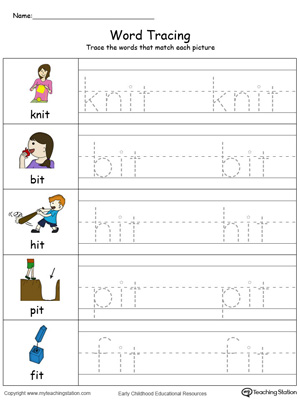 Trace and write short words with this IT Word Family printable worksheet in color.