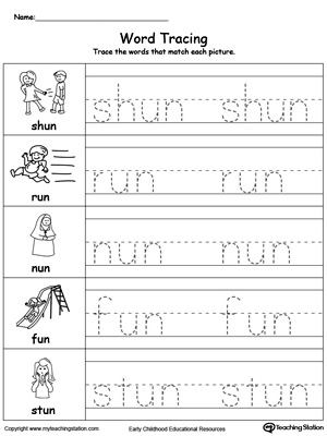 Practice tracing and writing short words with this UN Word Family printable worksheet.