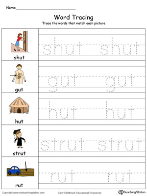 Trace and write short words with this UT Word Family printable worksheet in color.