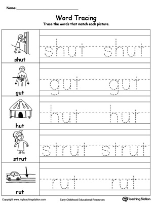 Practice tracing and writing short words with this UT Word Family printable worksheet.